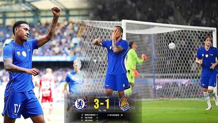 Morgan Rogers celebrating his first Chelsea goal and Joao Pedro celebrating his Chelsea goal against Real Sociedad